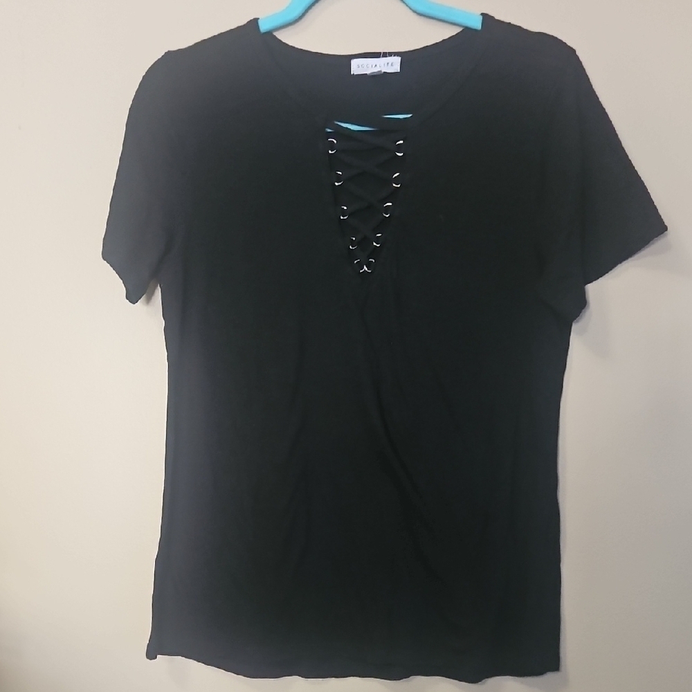 Socialite Women's Size S Basic Black T Shirt Lace Up V Neck Cotton Blend
